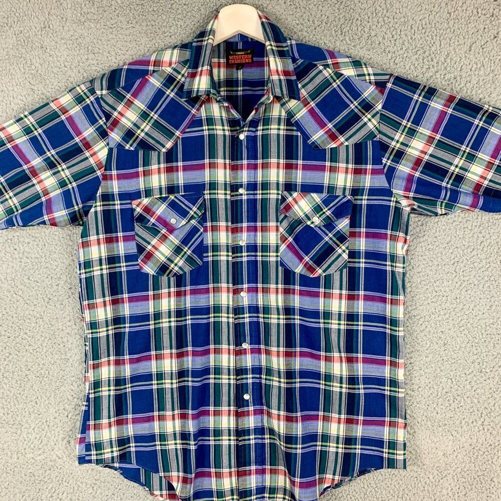 Western Fashions Shirt Mens Medium Blue Green Plaid Cowboy Pearl Snap Farm Ranch